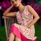 Soft Ivory Floral Cotton Dress With Magenta Panel And Front Button Placket