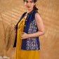 Elegant Navy Blue Cotton Sleeveless Jacket with Indigo Hand Kantha Side Panel & Contrasting Button and Collar Detail