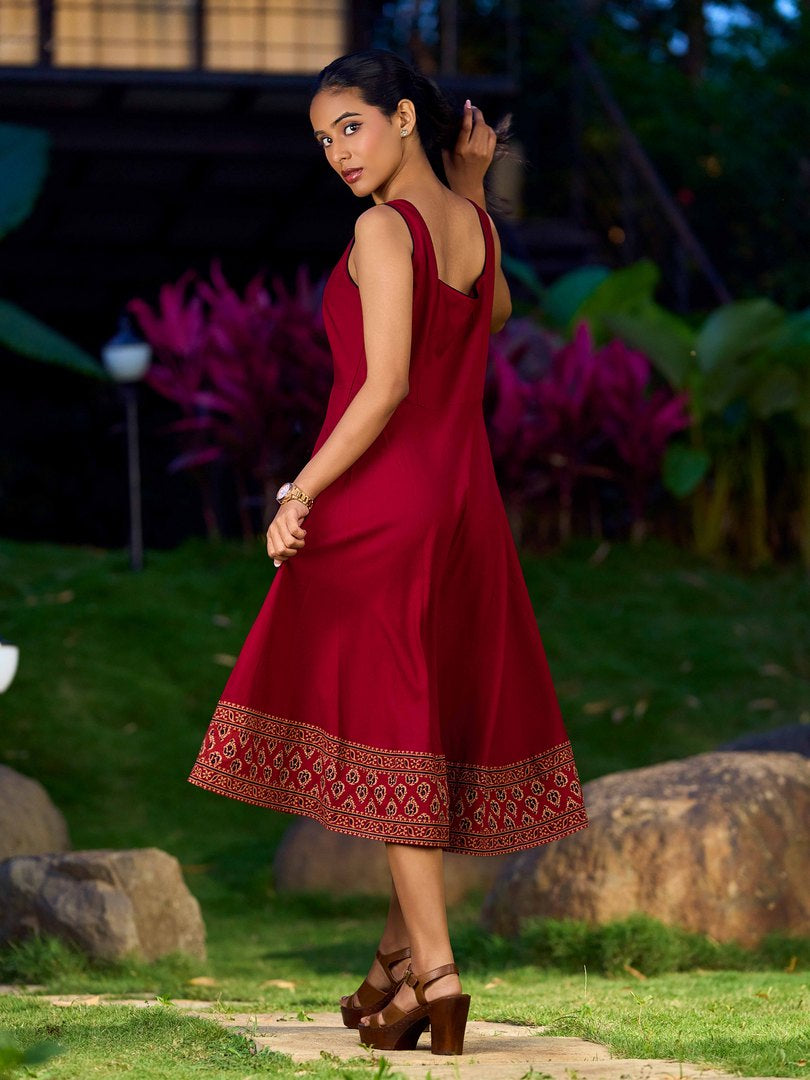 Maroon Sweetheart Neckline Dress With Ajrakh Printed Hemline
