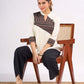 Cream Rayon Designer Top with Contrast Geometric Print Panel & Statement Pleats