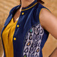 Elegant Navy Blue Cotton Sleeveless Jacket with Indigo Hand Kantha Side Panel & Contrasting Button and Collar Detail