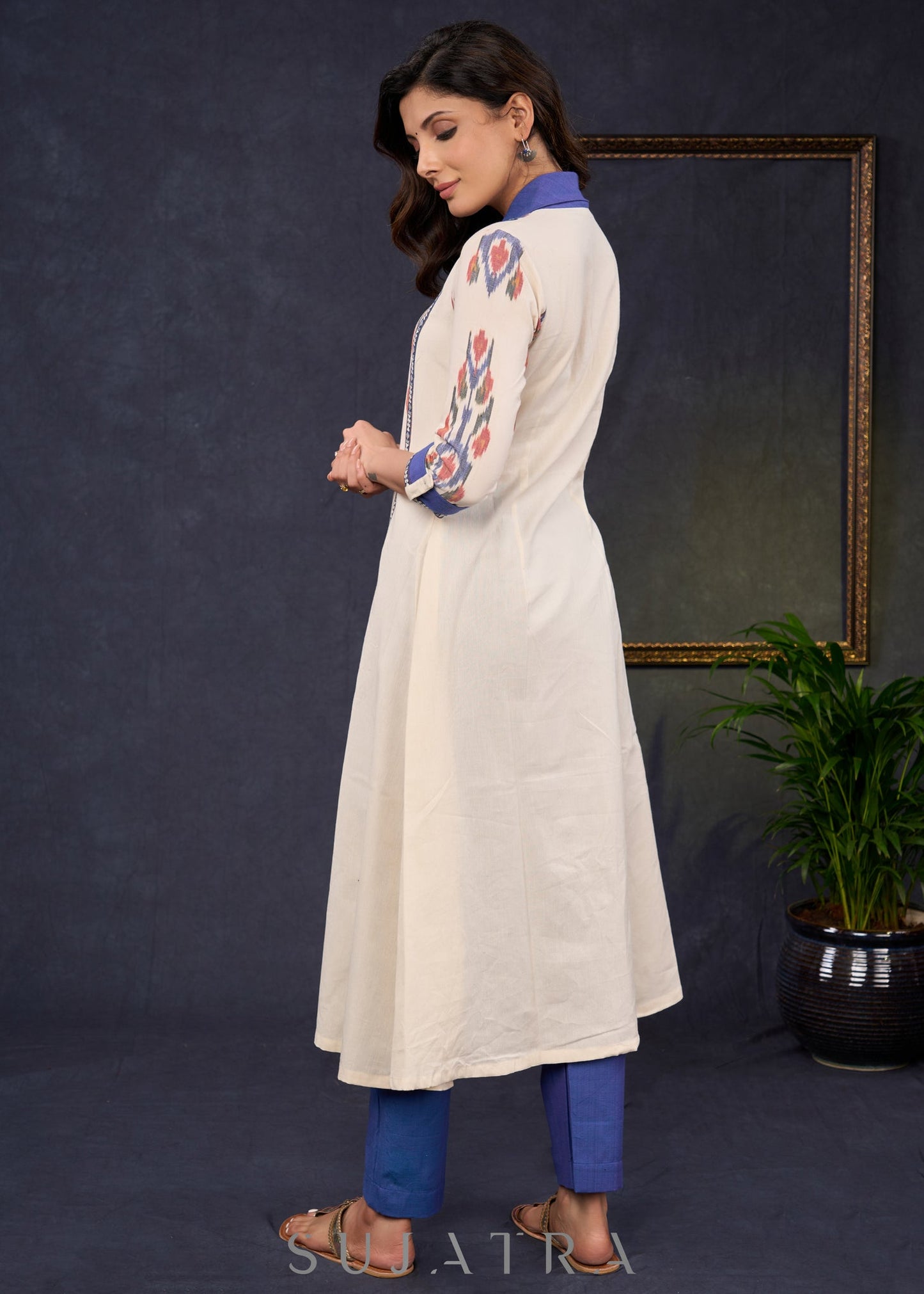 Trendy-Off-White-Cotton-Ikat-Combination-Kurta-With-Beautiful-Collar--Pant-Optional