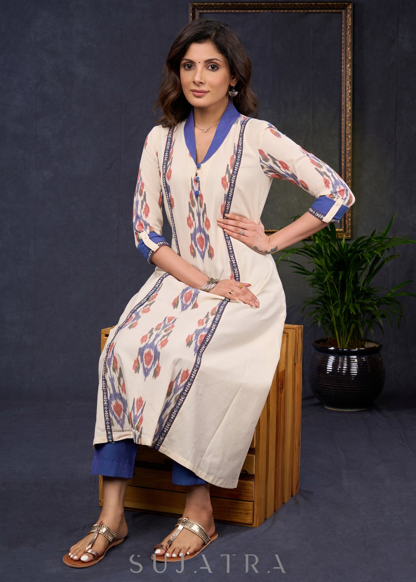 Trendy-Off-White-Cotton-Ikat-Combination-Kurta-With-Beautiful-Collar--Pant-Optional