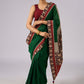 Stunning green cotton saree with beige and red floral Ajrakh accents