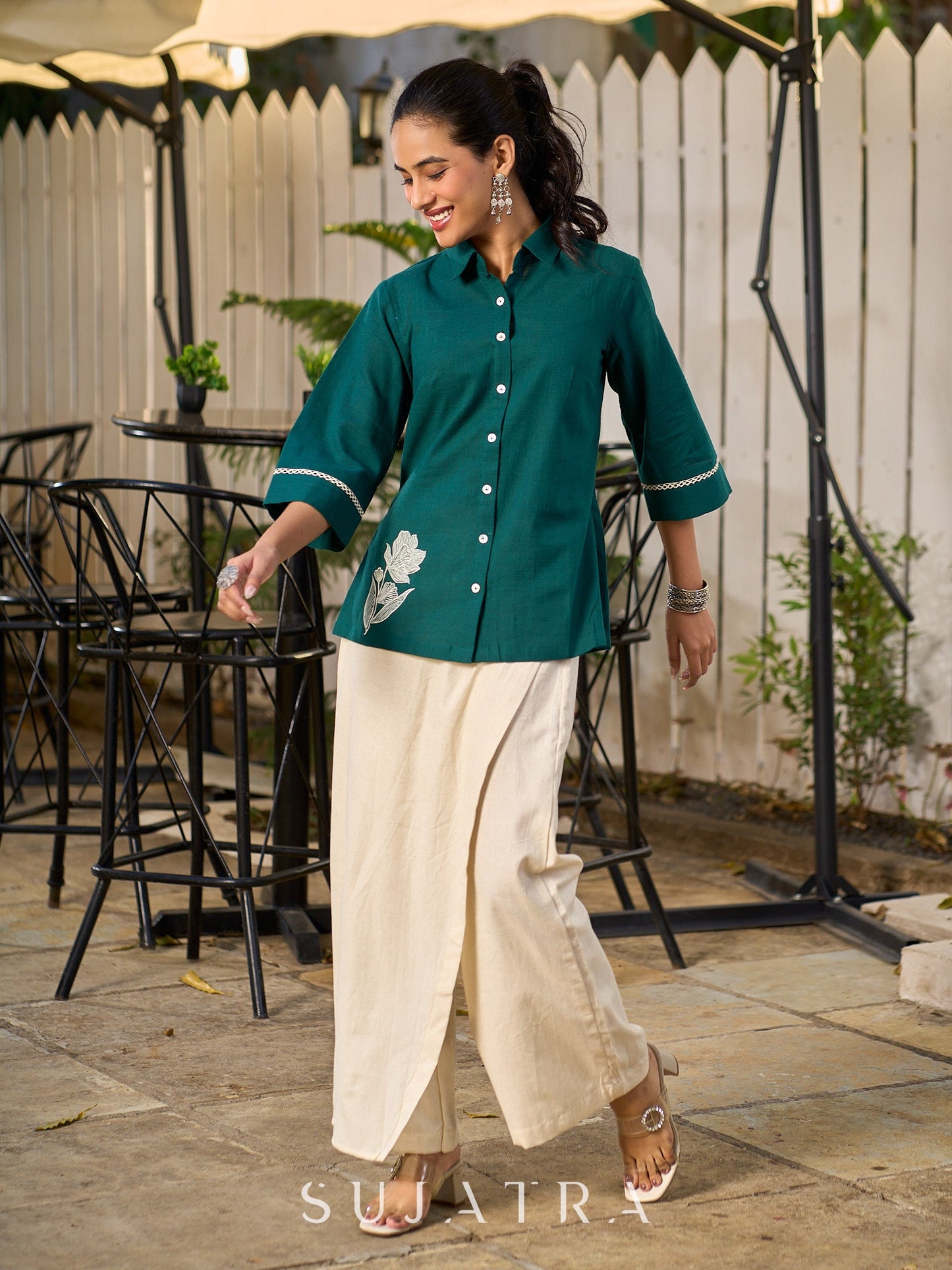 Classic Green Cotton Shirt Featuring Delicate Handcrafted Embroidery
