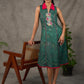 Bottle green Madhubani printed dress with vibrant magenta accents.