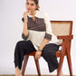 Cream Rayon Designer Top with Contrast Geometric Print Panel & Statement Pleats