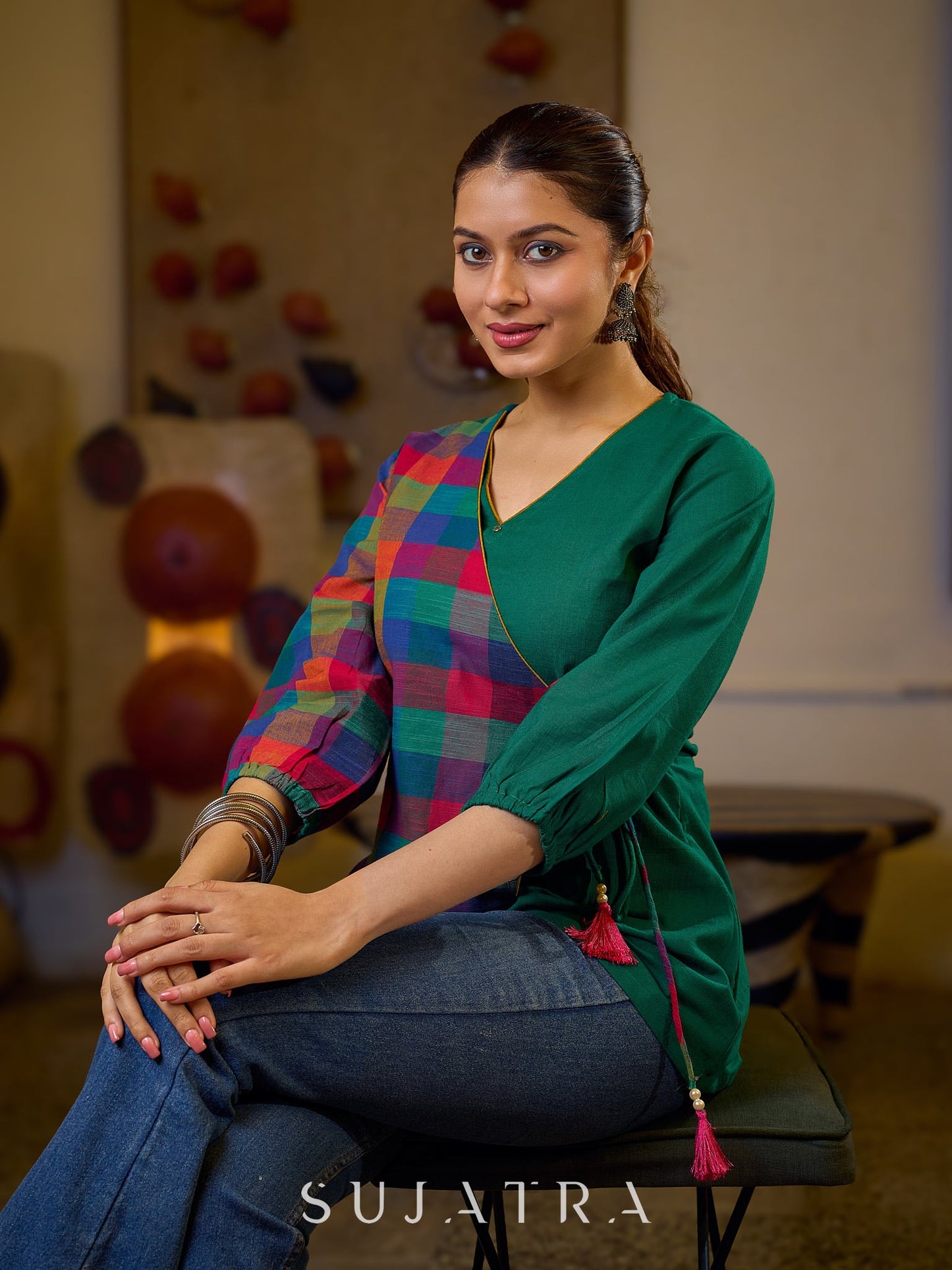 Vibrant Checkered Handloom Cotton Wrap Style Top with Plain Green Combination