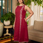 Maroon block printed sleeveless dress with hand block printed floral side panel, off-white accents, and pearl embellishments for a refined, elegant look.