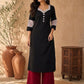 Timeless Black Cotton Kurta with Ajrakh Printed Sweetheart Neckline & Matching Sleeve Detail