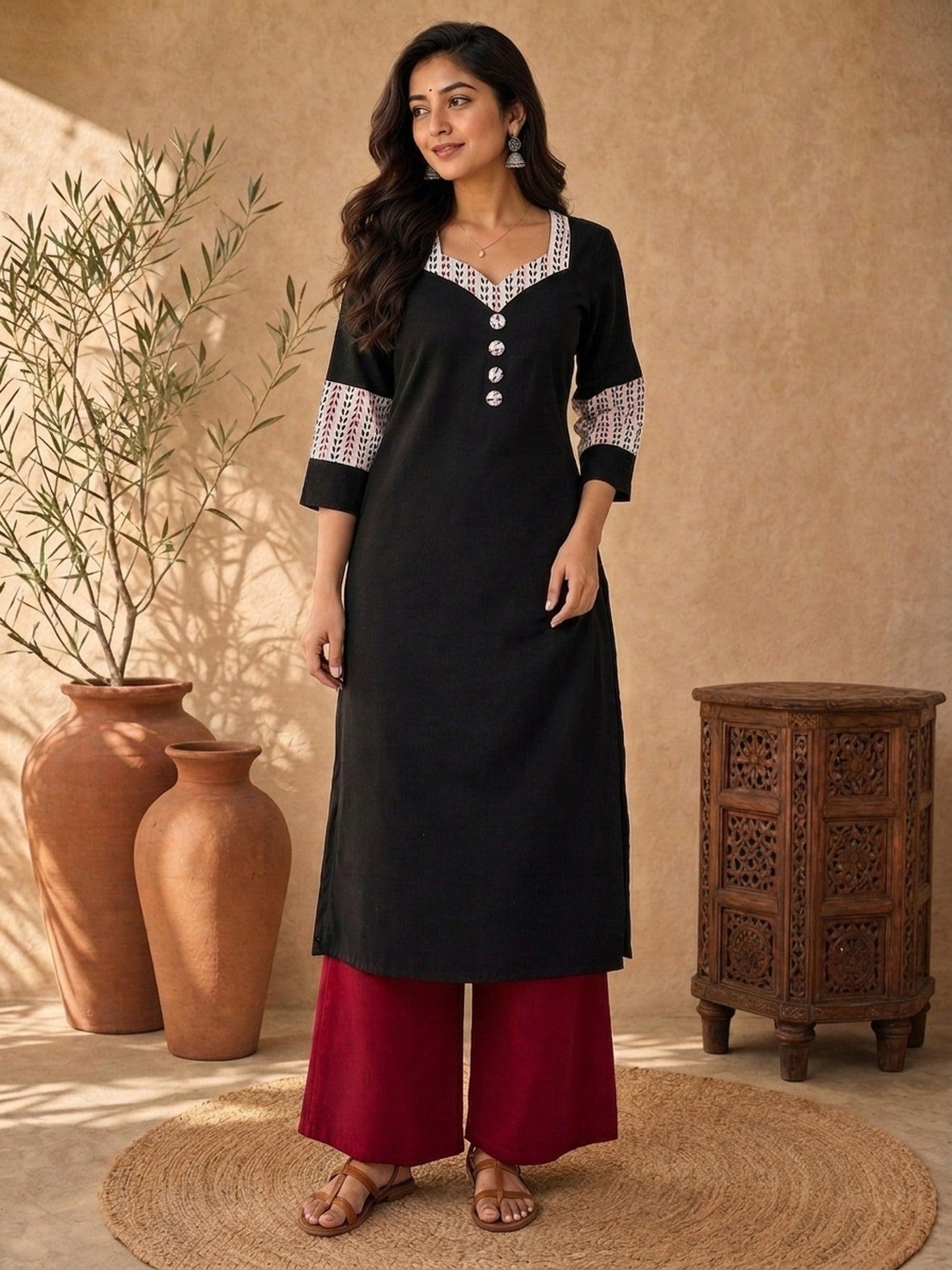 Timeless Black Cotton Kurta with Ajrakh Printed Sweetheart Neckline & Matching Sleeve Detail