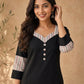 Timeless Black Cotton Kurta with Ajrakh Printed Sweetheart Neckline & Matching Sleeve Detail