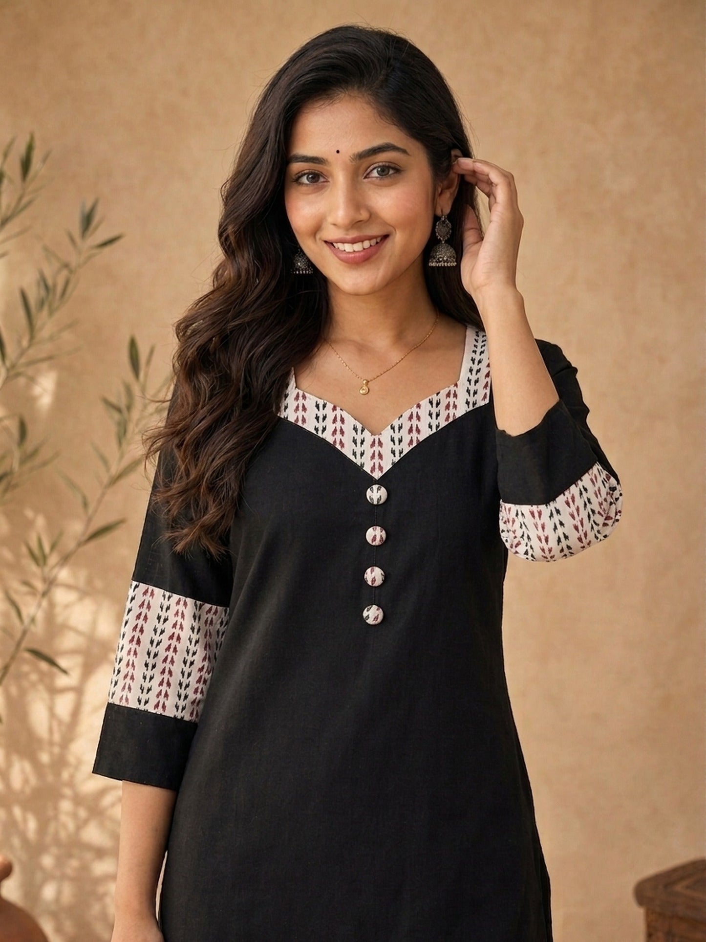 Timeless Black Cotton Kurta with Ajrakh Printed Sweetheart Neckline & Matching Sleeve Detail