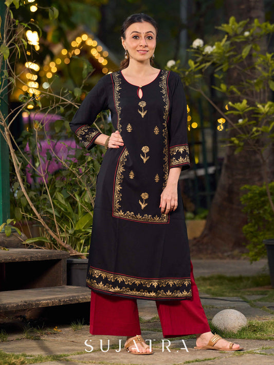 Classic Black Hand Block Printed Kurta With Ornate Border Detailing