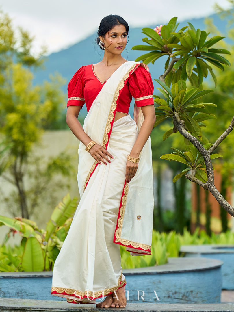 Traditional Ivory Chanderi Saree with Red-Gold Scalloped Border & Hand Embroidered Pallu