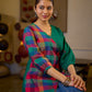 Vibrant Checkered Handloom Cotton Wrap Style Top with Plain Green Combination