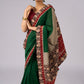 Stunning green cotton saree with beige and red floral Ajrakh accents