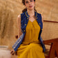Elegant Navy Blue Cotton Sleeveless Jacket with Indigo Hand Kantha Side Panel & Contrasting Button and Collar Detail