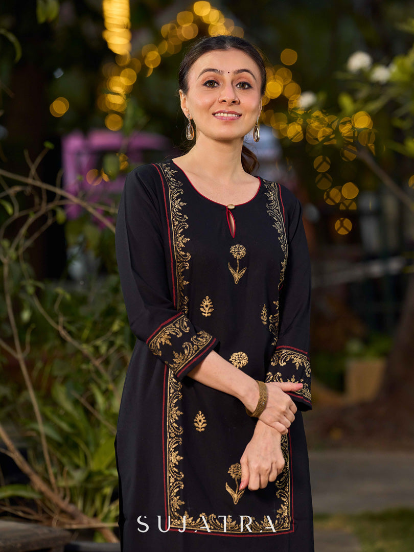 Classic Black Hand Block Printed Kurta With Ornate Border Detailing