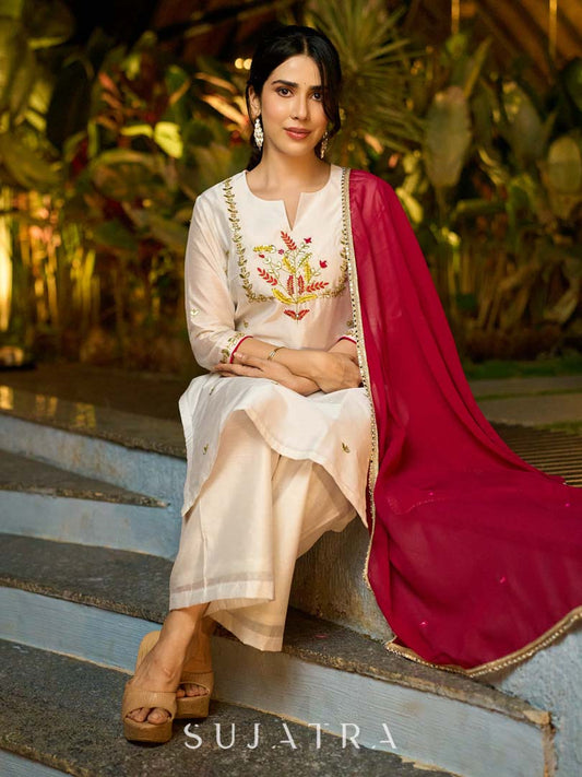 Contemporary White Chanderi Kurta with Minimal Hand Thread Embroidery & Gotapatti Work