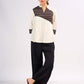 Cream Rayon Designer Top with Contrast Geometric Print Panel & Statement Pleats
