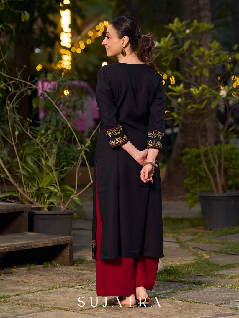 Classic Black Hand Block Printed Kurta With Ornate Border Detailing