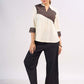 Cream Rayon Designer Top with Contrast Geometric Print Panel & Statement Pleats