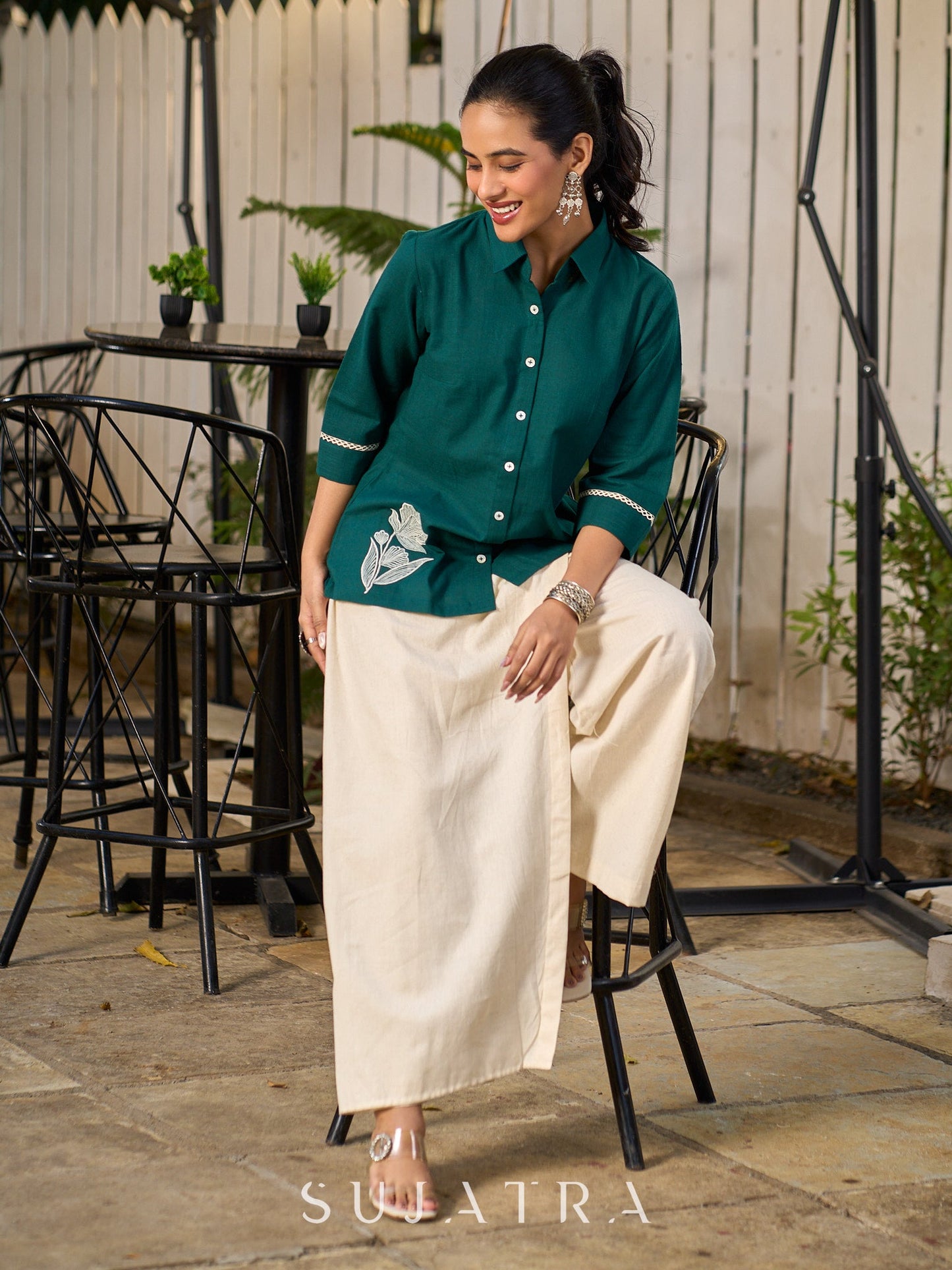 Classic Green Cotton Shirt Featuring Delicate Handcrafted Embroidery
