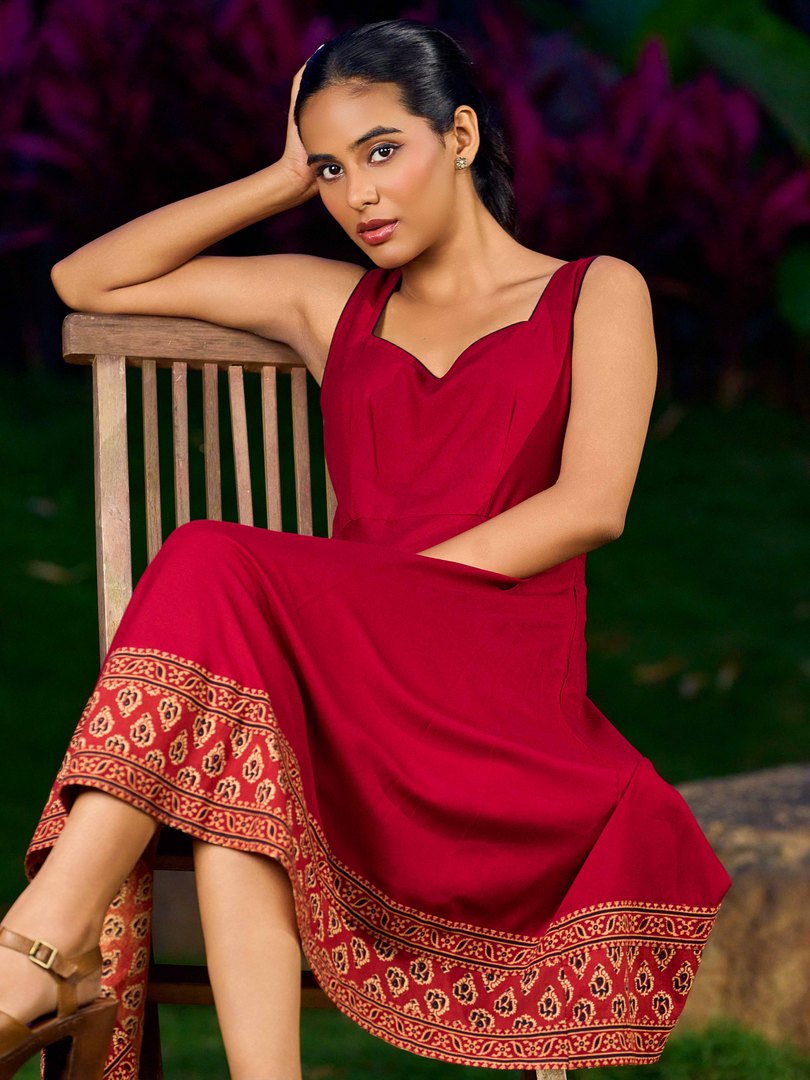 Maroon Sweetheart Neckline Dress With Ajrakh Printed Hemline
