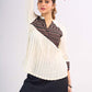 Cream Rayon Designer Top with Contrast Geometric Print Panel & Statement Pleats