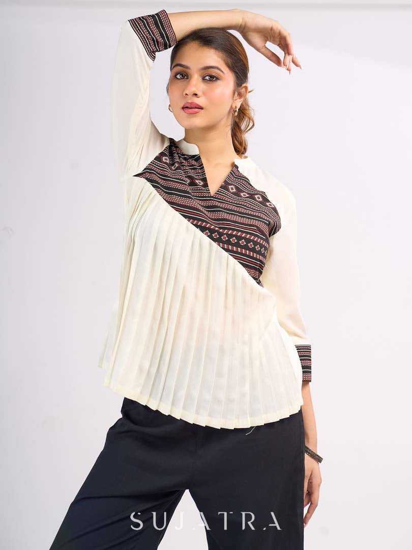 Cream Rayon Designer Top with Contrast Geometric Print Panel & Statement Pleats