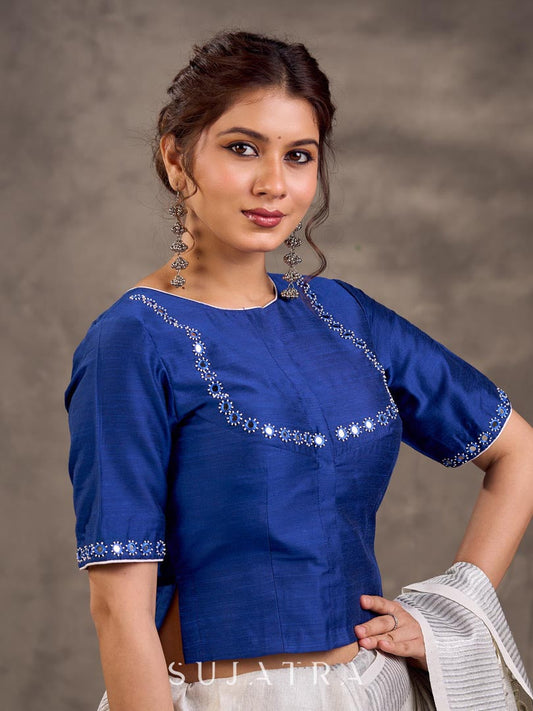 Royal Blue Cotton Silk Blouse with Short Sleeves and Mirror Embroidered Neckline and Sleeve Border