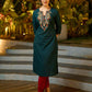 Graceful Teal Cotton Kurta Adorned with Intricate Paisley Embroidery