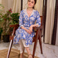 Breezy Blue Floral Print Cotton Kurta with Handcrafted Kantha Stitch White Collar & Cuffs