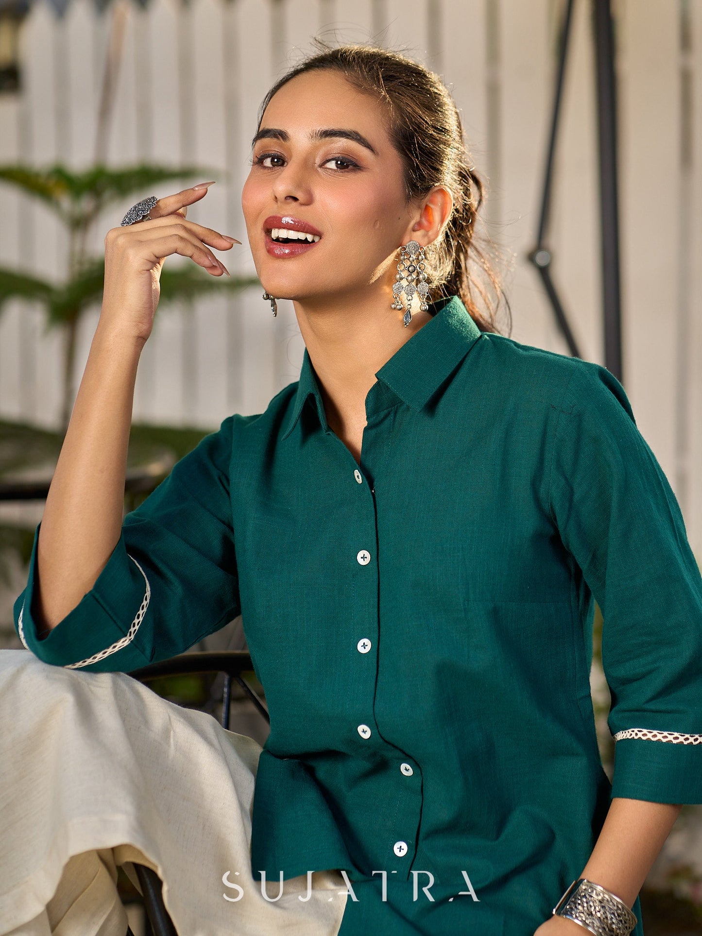 Classic Green Cotton Shirt Featuring Delicate Handcrafted Embroidery