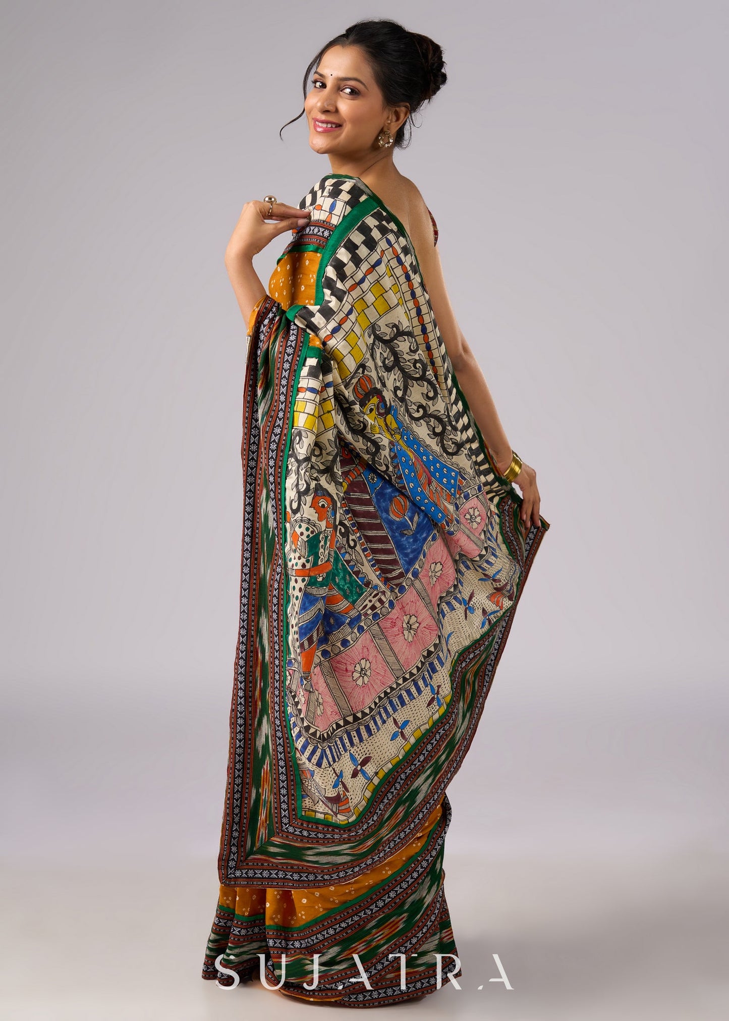 Vibrant yellow Bandhni print rayon saree with hand painted Madhubani art