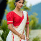 Traditional Ivory Chanderi Saree with Red-Gold Scalloped Border & Hand Embroidered Pallu