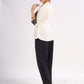 Cream Rayon Designer Top with Contrast Geometric Print Panel & Statement Pleats