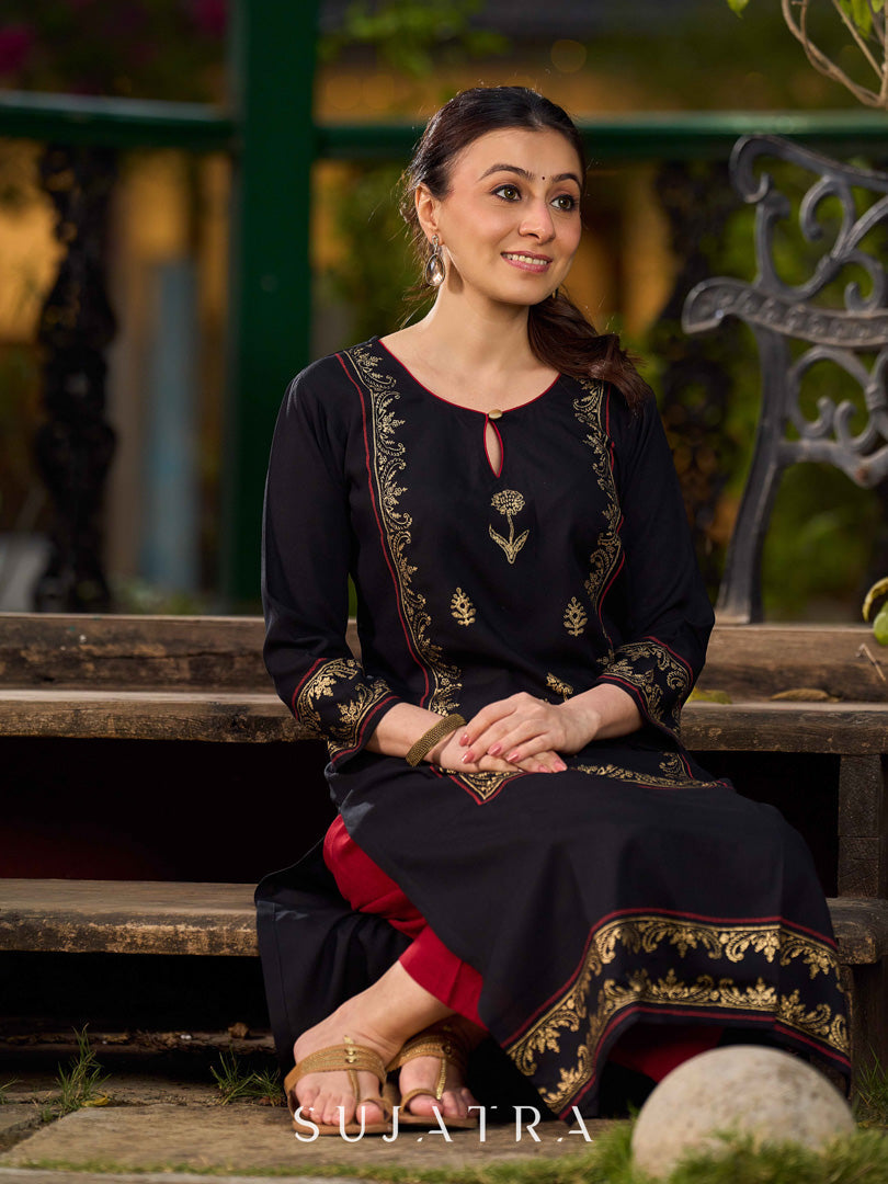 Classic Black Hand Block Printed Kurta With Ornate Border Detailing