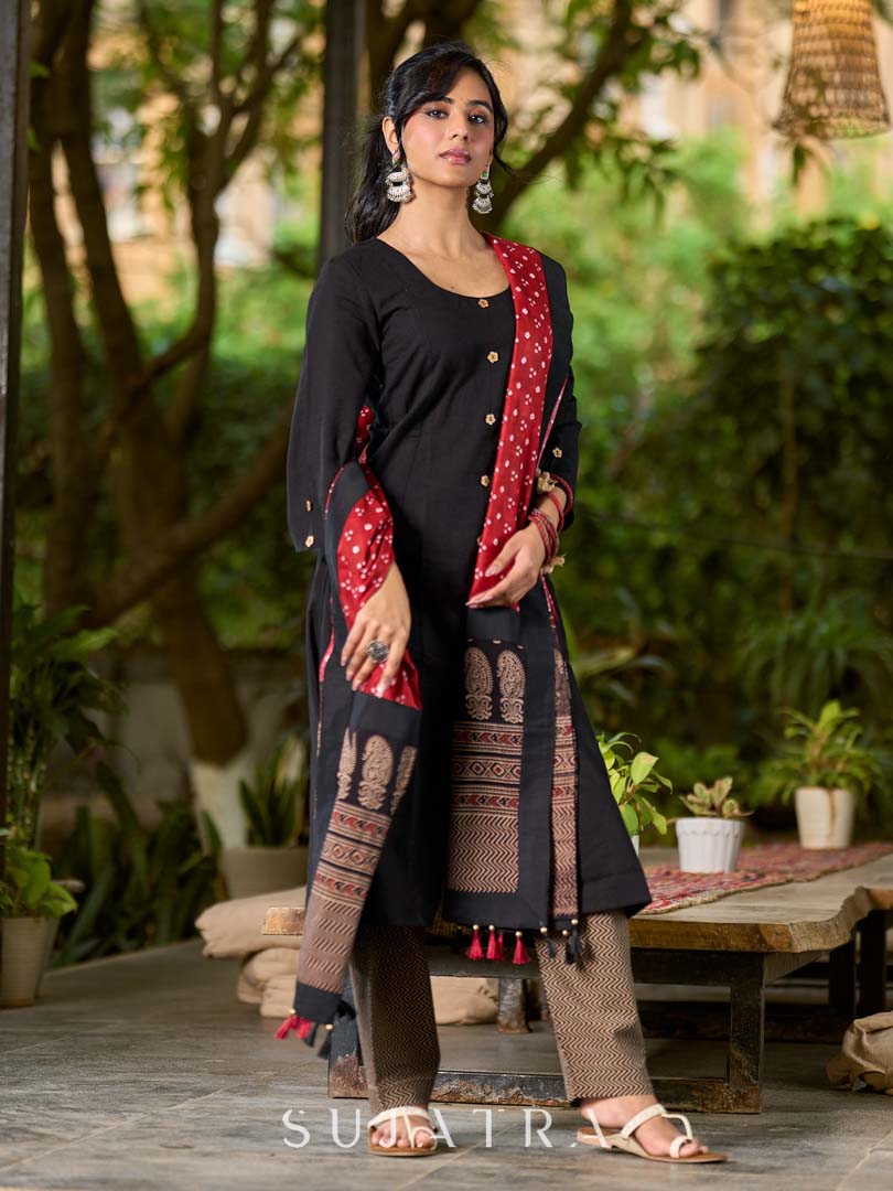 Classic Black Cotton Kurta with Classic Ajrakh Zigzag Printed Pant and Elegant Maroon Bandhani Dupatta with Traditional Ajrakh Printed Border