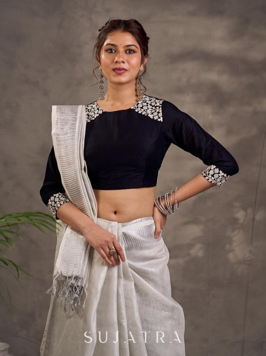 Black Cotton Silk 3/4 Sleeve Blouse with White Floral Embroidered Lace Detailing on Neckline & Cuff