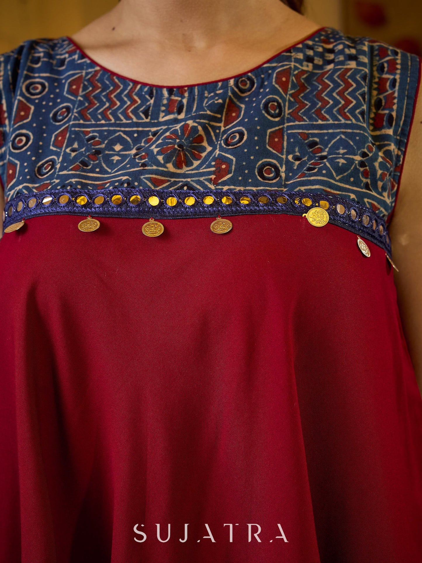 Exquisite Maroon Flared Top Featuring a Graceful Blue Ajrakh Yoke, Mirror Lace, and Delicate Silver Highlights