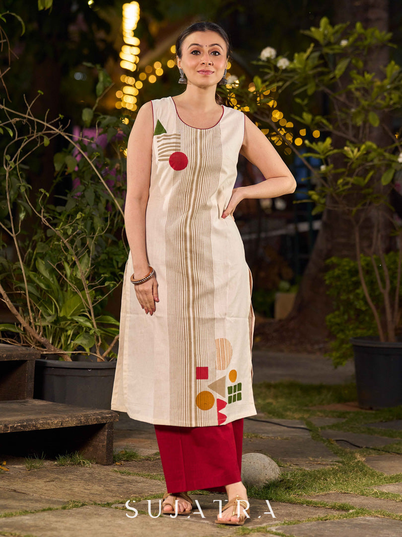 Contemporary Off-white hand block printed kurta with abstract geometric motifs