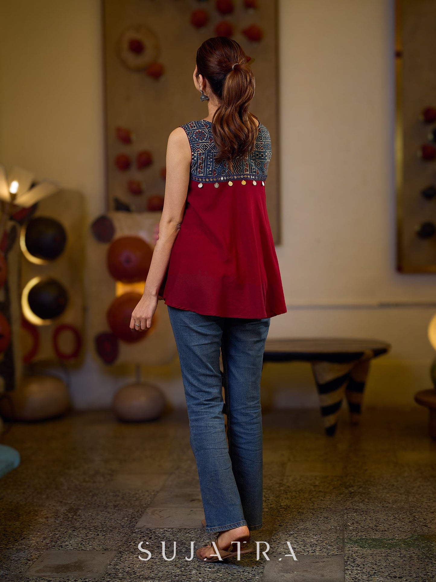 Exquisite Maroon Flared Top Featuring a Graceful Blue Ajrakh Yoke, Mirror Lace, and Delicate Silver Highlights