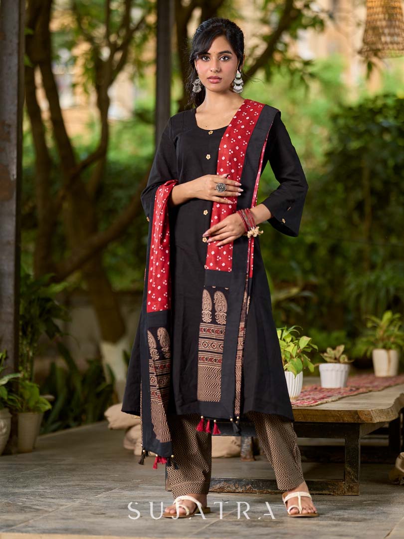 Classic Black Cotton Kurta with Classic Ajrakh Zigzag Printed Pant and Elegant Maroon Bandhani Dupatta with Traditional Ajrakh Printed Border