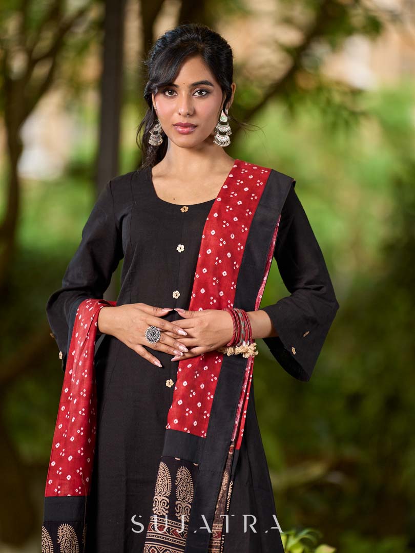 Classic Black Cotton Kurta with Classic Ajrakh Zigzag Printed Pant and Elegant Maroon Bandhani Dupatta with Traditional Ajrakh Printed Border