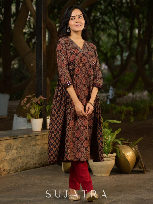 Black Ajrakh Kurta Adorned with Side Gathers and Delicate Mirror Highlights