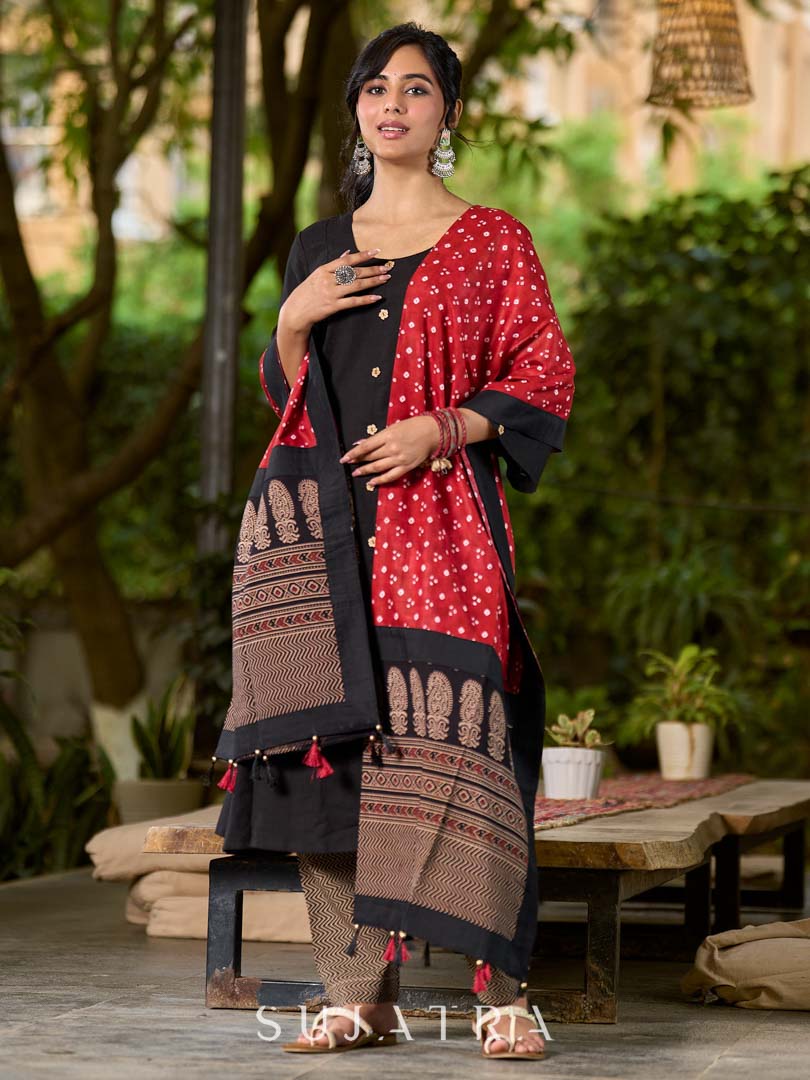 Classic Black Cotton Kurta with Classic Ajrakh Zigzag Printed Pant and Elegant Maroon Bandhani Dupatta with Traditional Ajrakh Printed Border