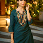 Graceful Teal Cotton Kurta Adorned with Intricate Paisley Embroidery
