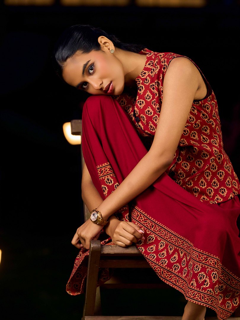 Deep Maroon Ajrakh Printed Cotton Overlap Waistcoat
